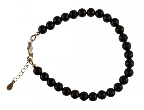Edelsteinarmband "Onyx" 6mm-Kugeln, Verlängerungskettchen, rhodiniert